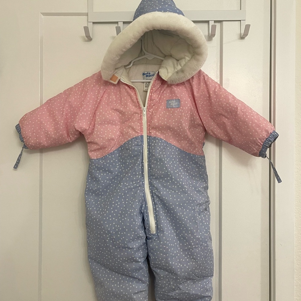Vintage OshKosh B'gosh Girls Retro Pink Blue Polka Dot Snowsuit